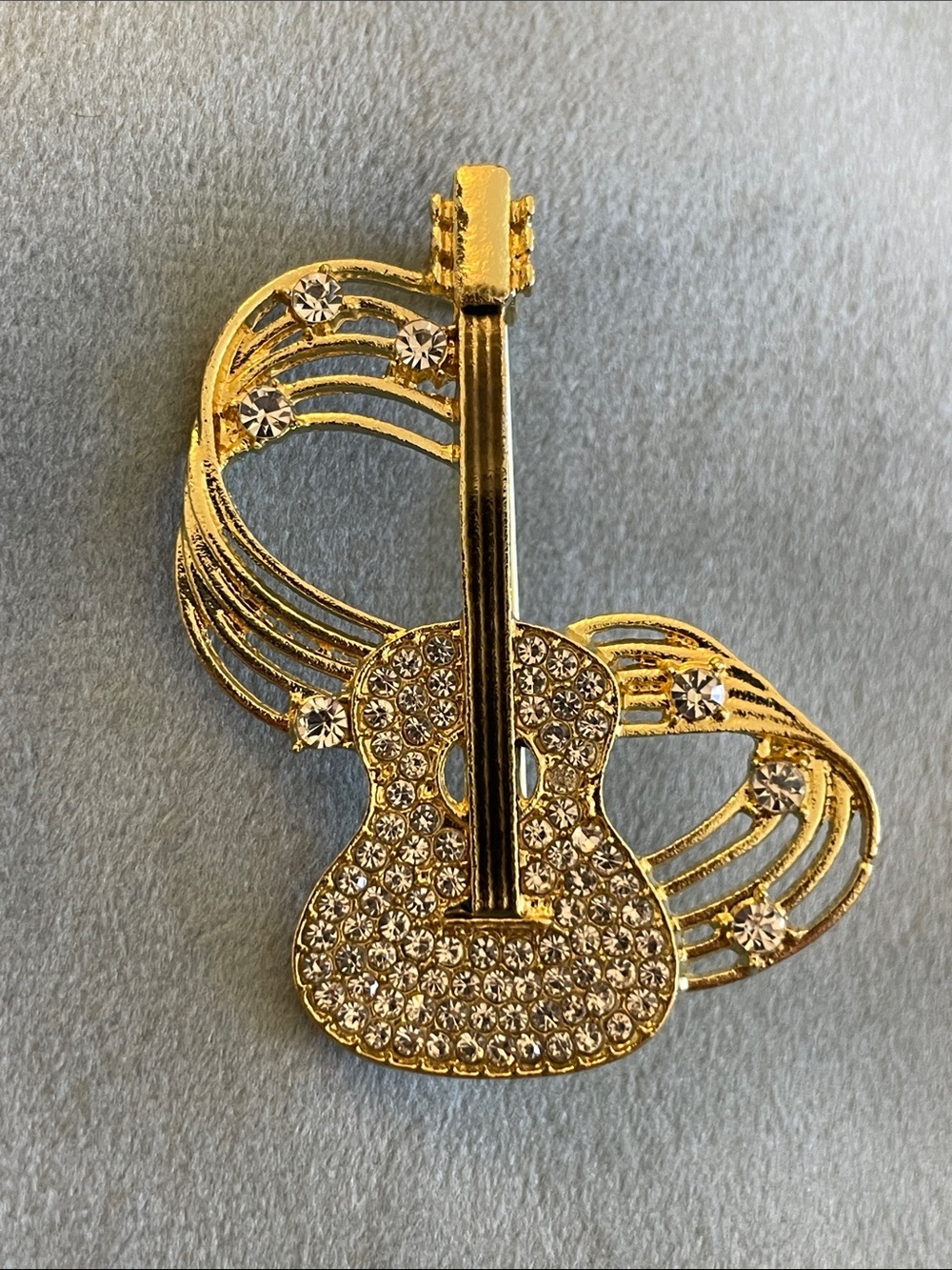 Anthropologie Gold Crystal Guitar Brooch
